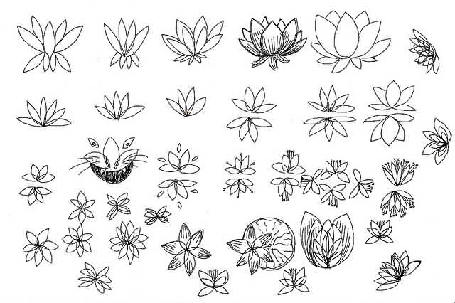 Classic Black Outline Lotus Flowers Tattoo Designs