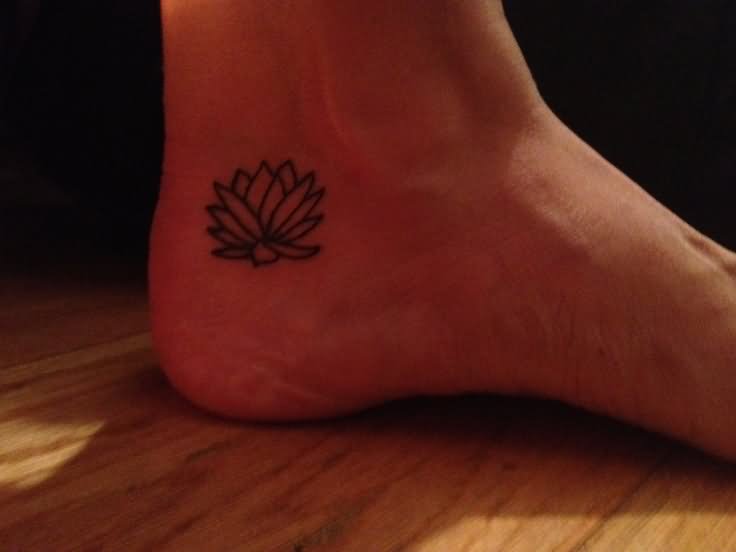 Classic Black Outline Lotus Tattoo On Ankle