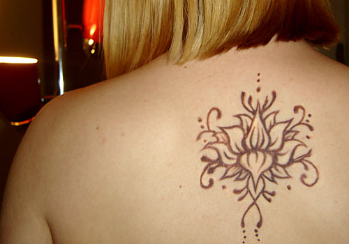 Classic Black Outline Lotus Tattoo On Female Upper Back