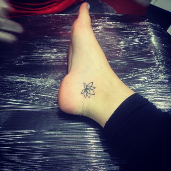 Classic Black Outline Lotus Tattoo On Girl Right Ankle