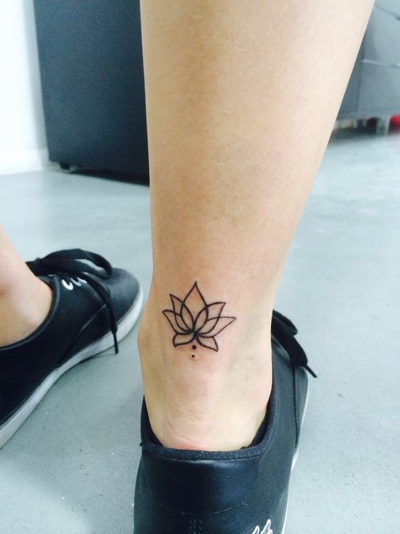 Classic Black Outline Lotus Tattoo On Right Ankle