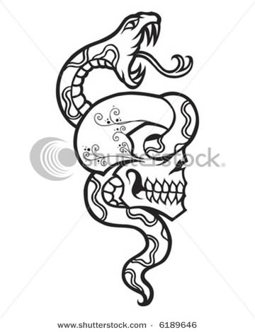 Classic Black Outline Snake In Skull Tattoo Stencil
