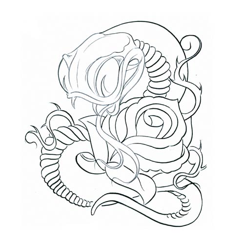 Classic Black Outline Snake With Rose Tattoo Design