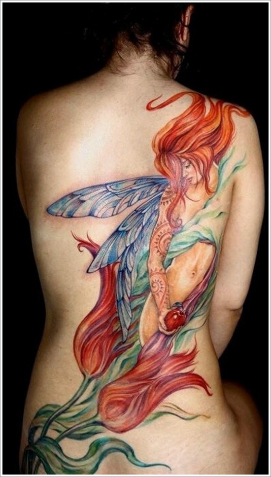 Classic Colorful Fairy Tattoo On Girl Full Back