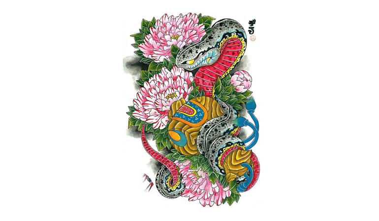 Classic Colorful Japanese Snake With Flowers Tattoo Design
