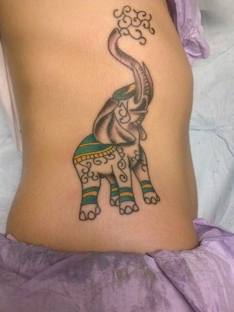 Classic Elephant Trunk Up Tattoo On Girl Right Side Rib