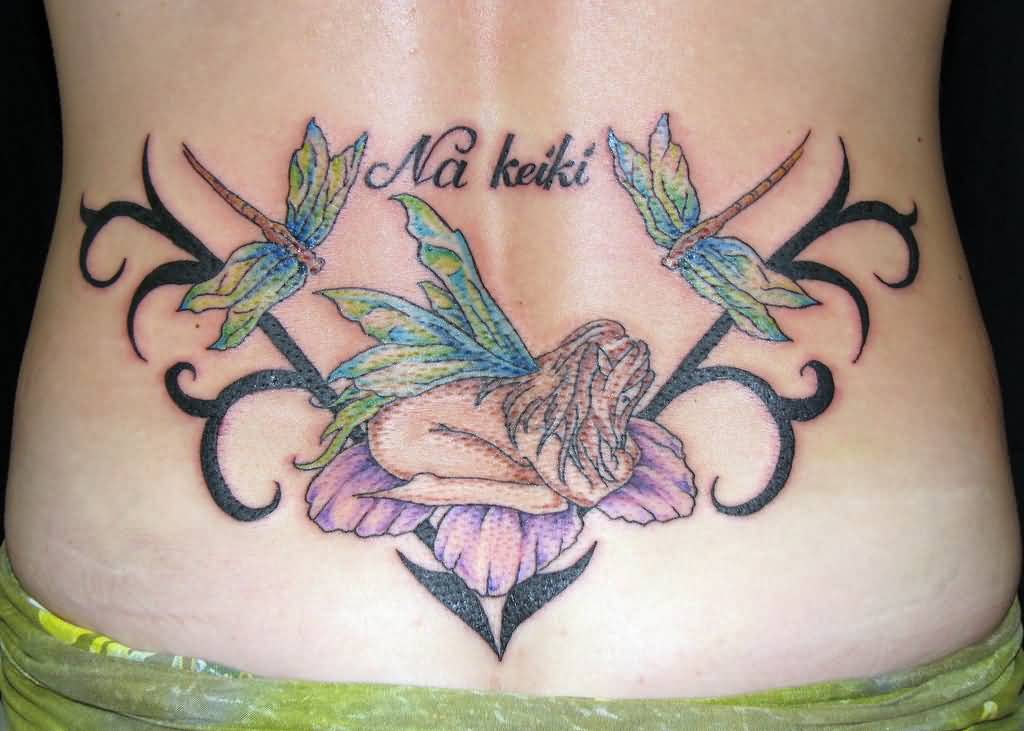 Classic Fairy On Flower With Dragonflies Tattoo On Girl Lower Back