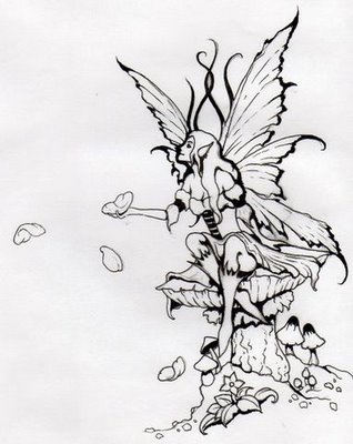 Classic Fairy On Mushroom Tattoo Stencil