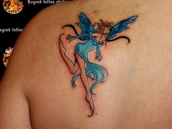 Classic Fairy Tattoo On Left Back Shoulder