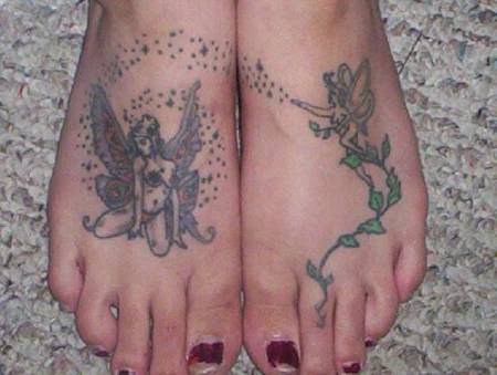 Classic Fairy With Fairy Dust Tattoo On Feet