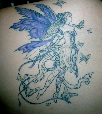 Classic Fairy With Flying Butterflies Tattoo On Left Back Shoulder