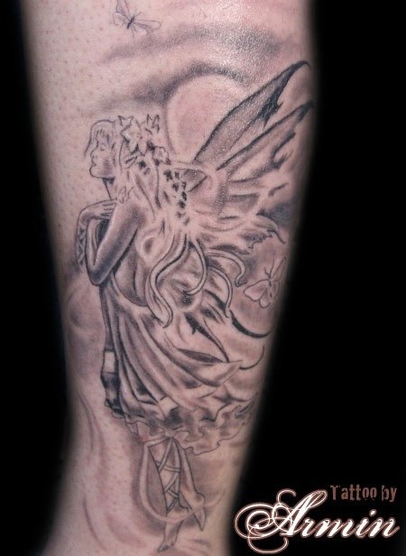 Classic Grey Ink Fairy Tattoo Design For Leg