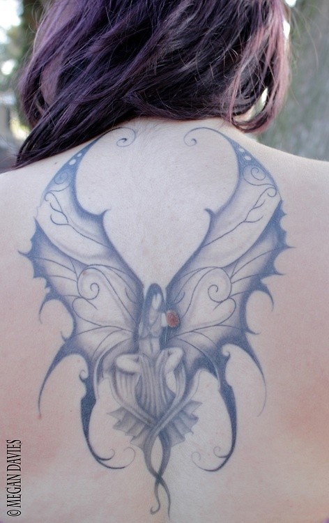 Classic Grey Ink Fairy Tattoo On Upper Back
