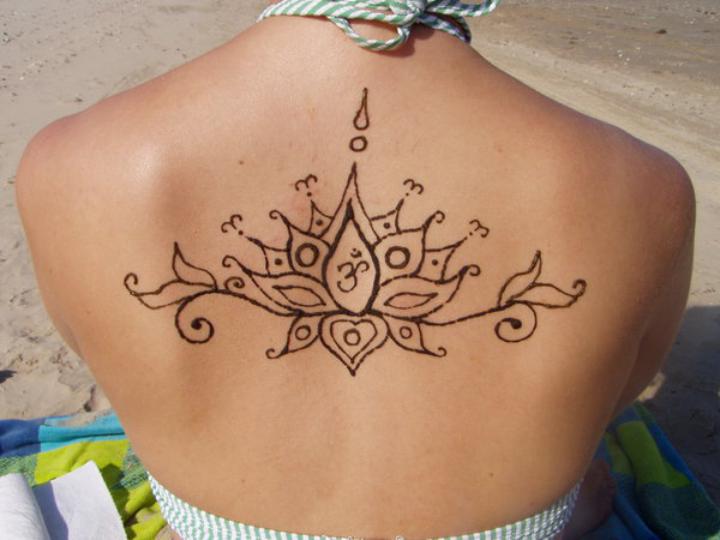 Classic Henna Lotus Tattoo On Girl Upper Back