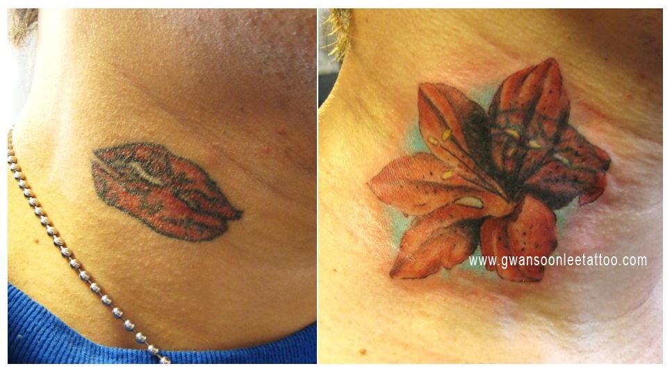 Classic Lily Flower Cover Up Tattoo On Girl Neck