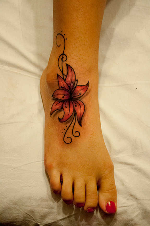 Classic Lily Flower Tattoo On Girl Right Foot