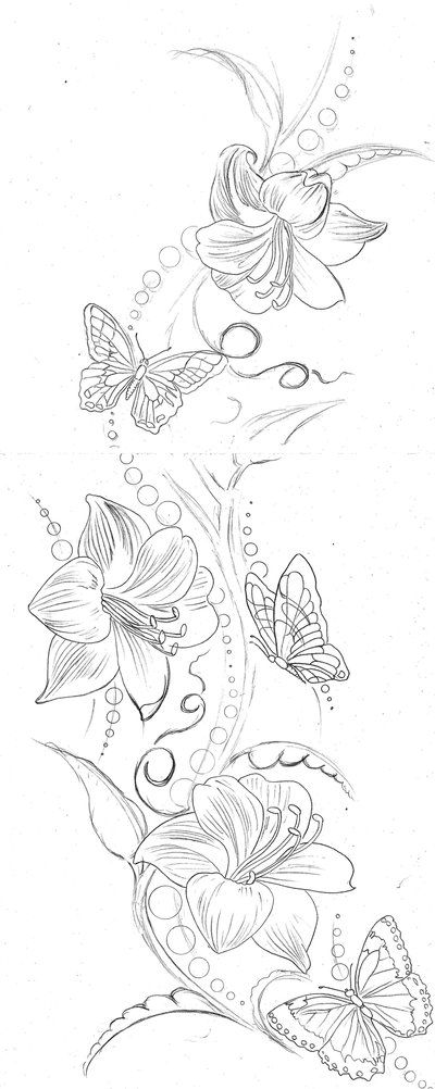 Classic Lily Flowers With Flying Butterflies Tattoo Design