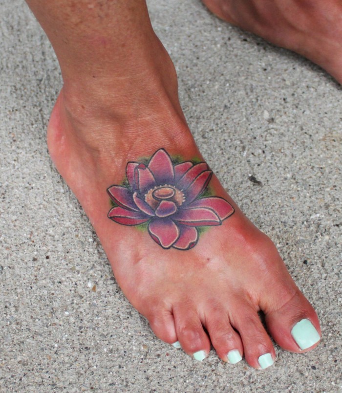 Classic Lotus Flower Tattoo On Girl Right Foot
