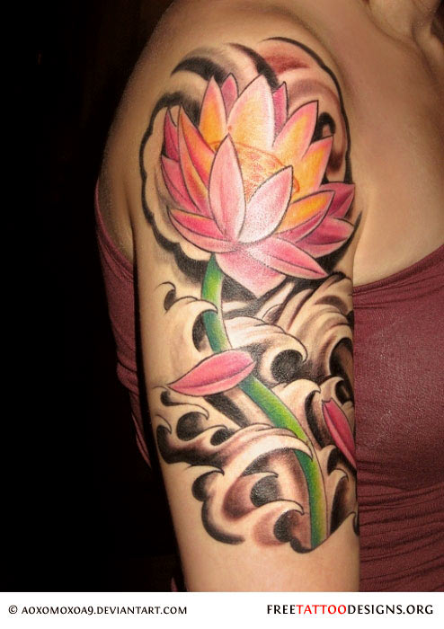 Classic Lotus Tattoo On Right Half Sleeve