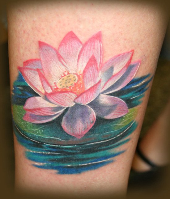 Classic Pink Lotus Flower In Water Tattoo Design For Leg