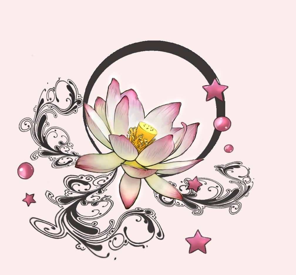 Classic Pink Lotus Flower With Stars Tattoo Design
