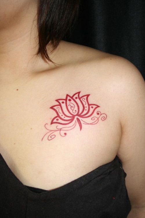 Classic Red Lotus Flower Tattoo On Female Left Front Shoulder