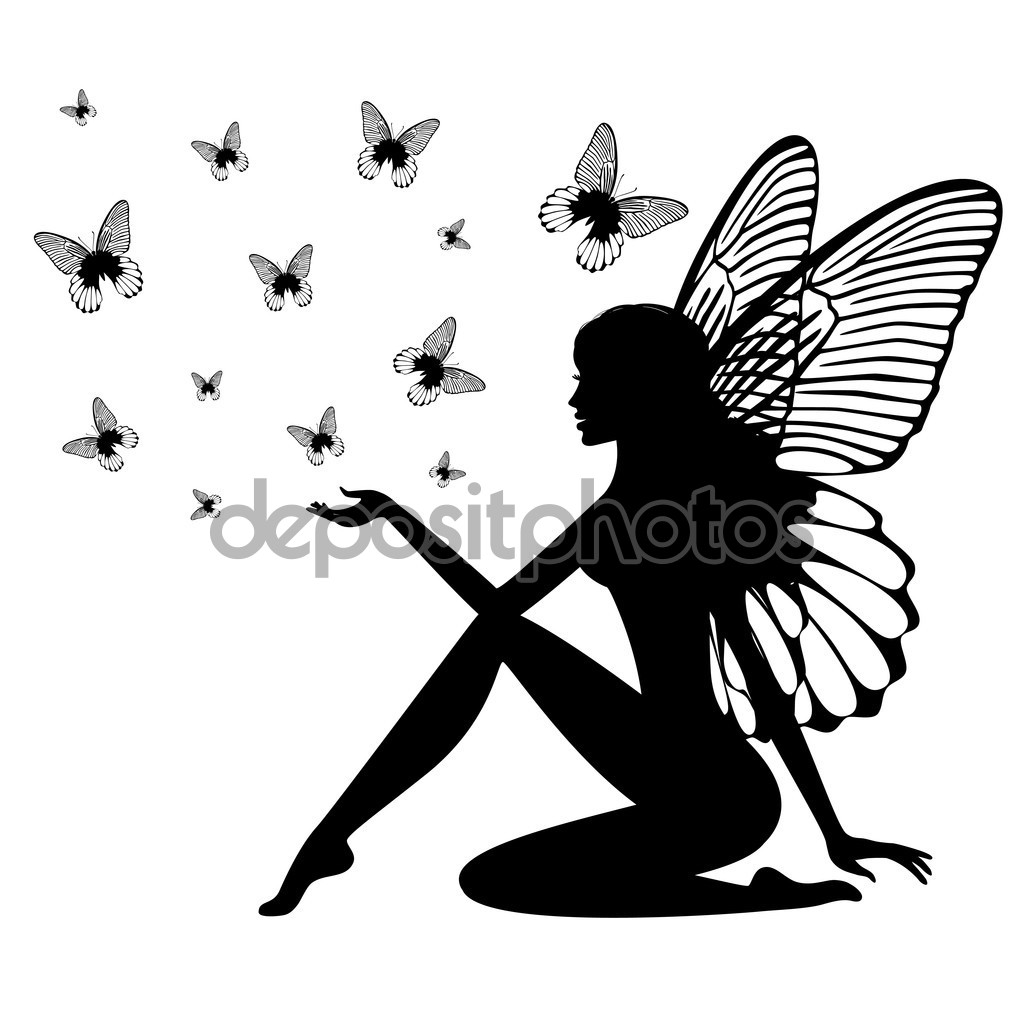 Classic Silhouette Fairy With Flying Butterflies Tattoo Design