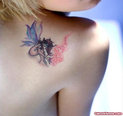 Classic Small Fairy Tattoo On Girl Right Back Shoulder
