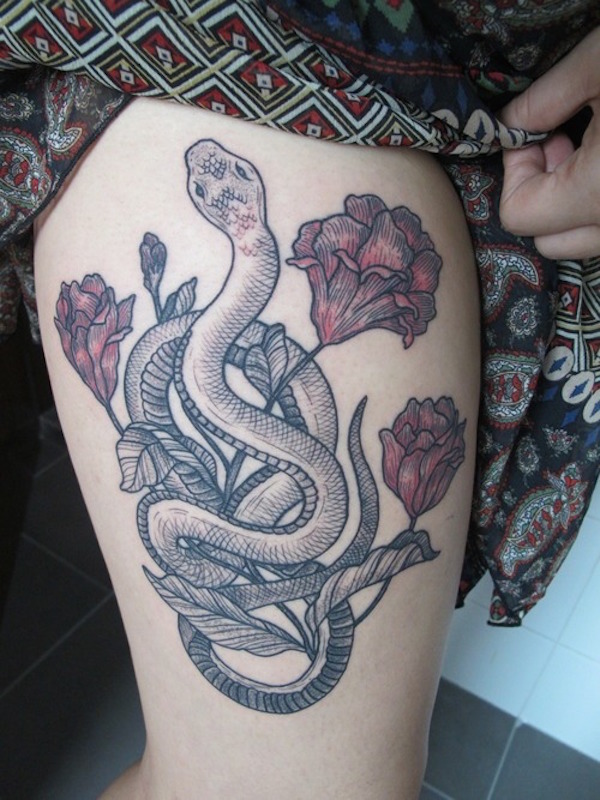 Classic Snake With Flowers Tattoo On Girl Right Upper Leg