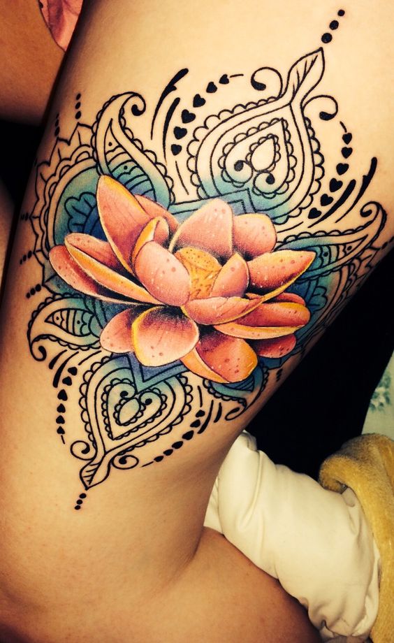 Classic Traditional Lotus Tattoo On Left Thigh