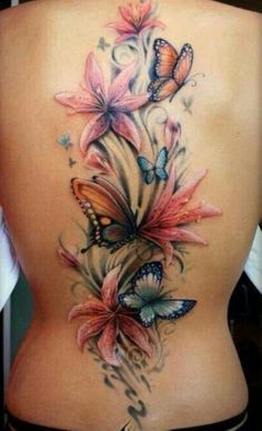 Color Butterflies And Stargazer Lily Tattoo On Full Back