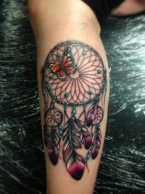 Color Butterfly And Colorful Dreamcatcher Tattoo On Leg