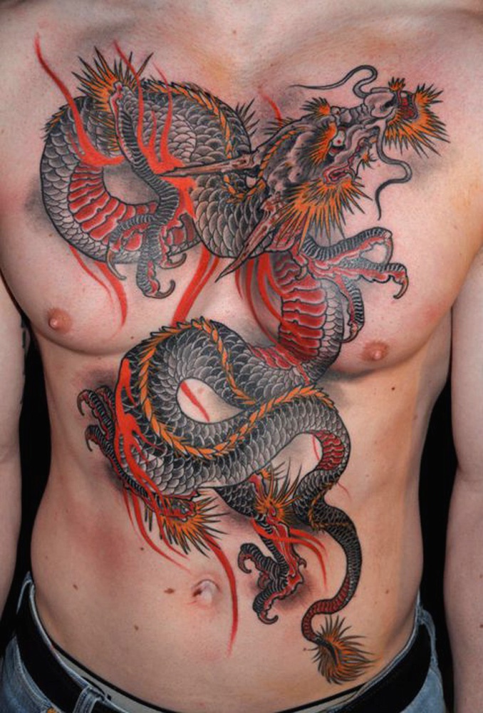 Color Ink Dragon Tattoo On Man Chest