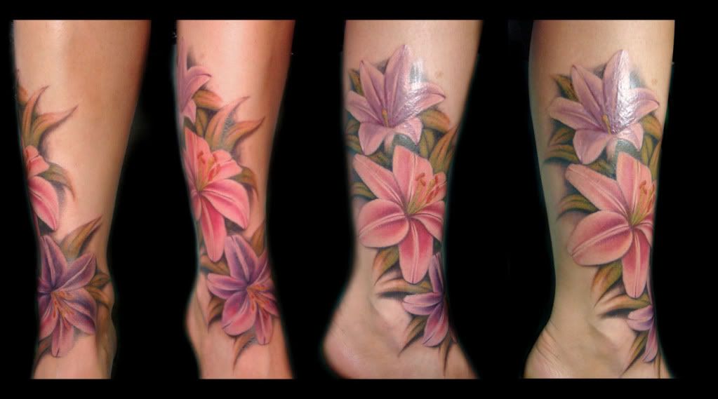 Color Lily Flowers Tattoos On Ankle