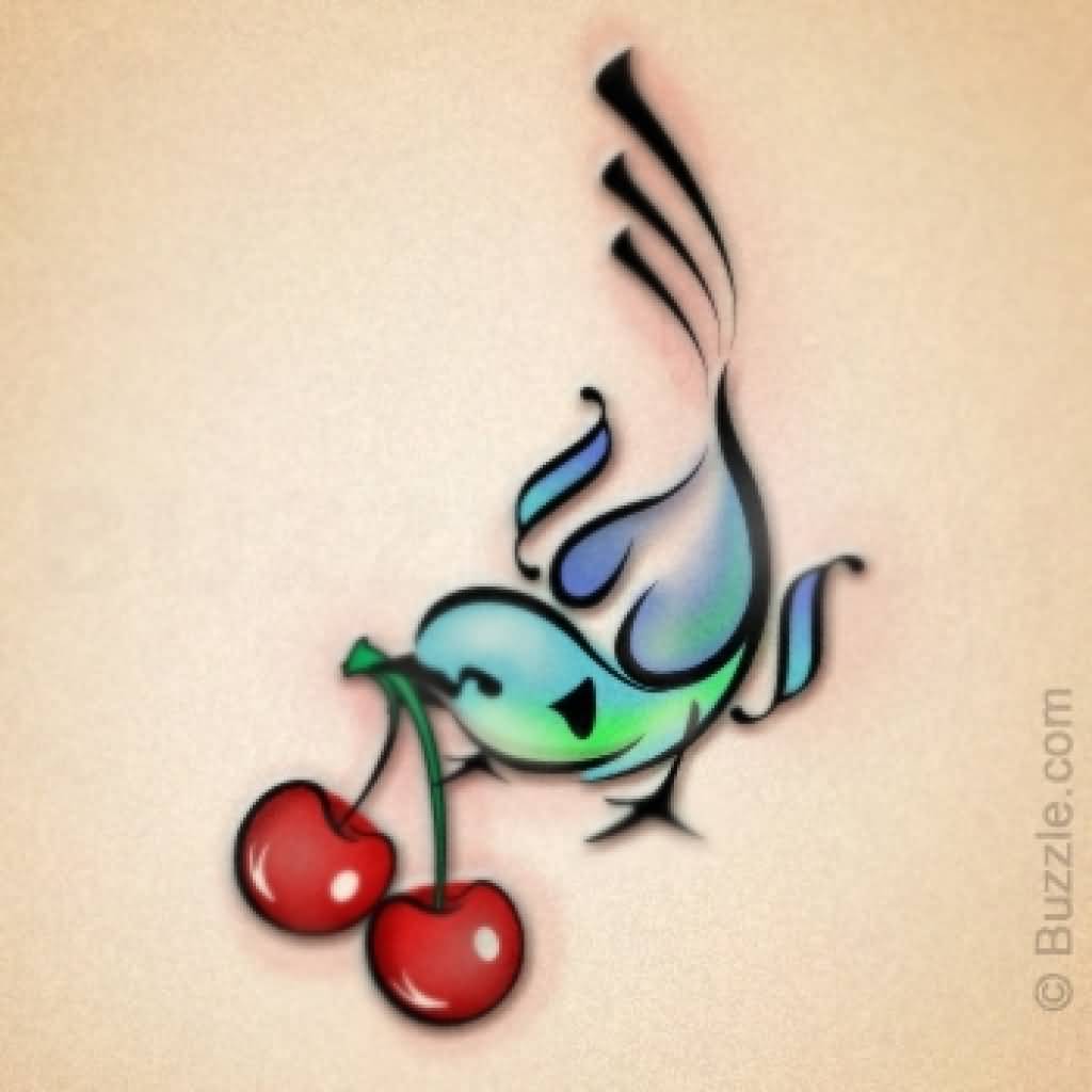 Color Sparrow And Cute Cherry Tattoos