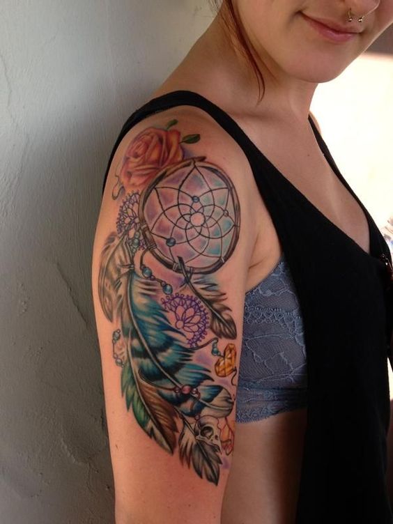 Colored Dreamcatcher Tattoo On Girl Right Half Sleeve