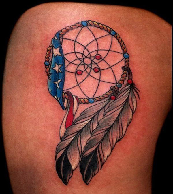 Colored Dreamcatcher Tattoo On Thigh