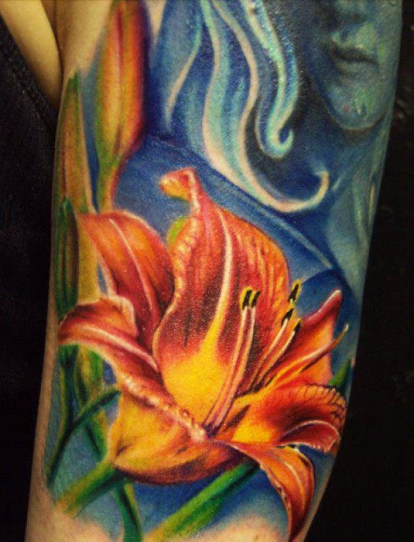 Colored Lily Tattoo On Half Sleeve
