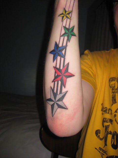 Colored Nautical Star Tattoos On Right Sleeve