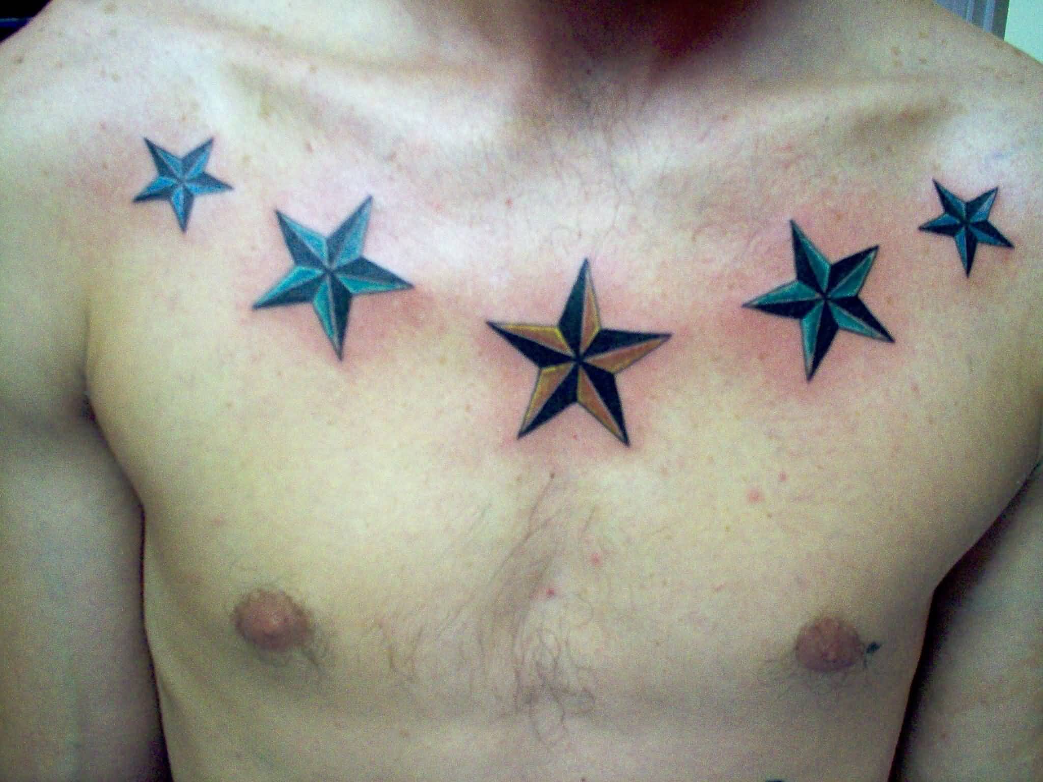 Colored Star Tattoos On Man Chest