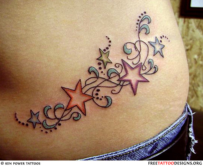 Colored Star Tattoos On Stomach For Young Girls