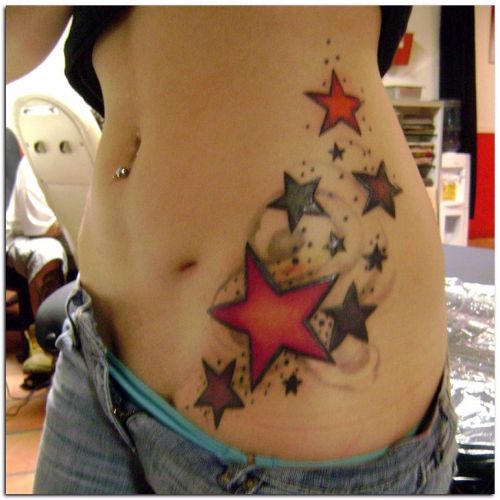 Colored Star Tattoos On Stomach