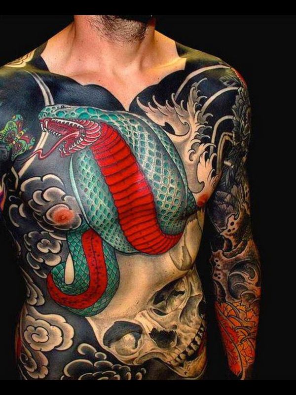 Colorful Chinese Cobra Snake With Skull Tattoo On Man Full Body