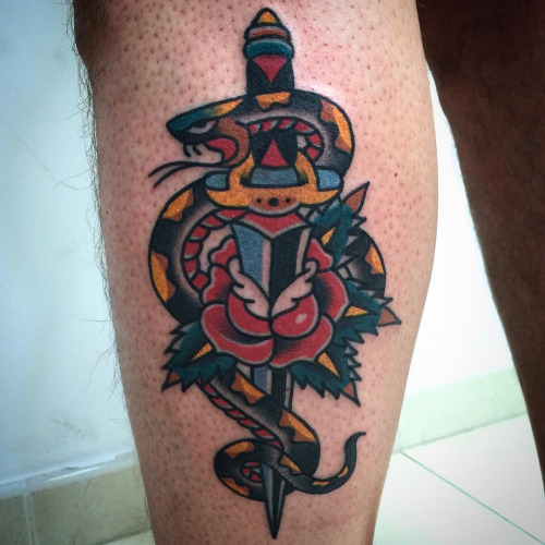 Colorful Dagger In Rose With Snake Tattoo Design For Leg Calf