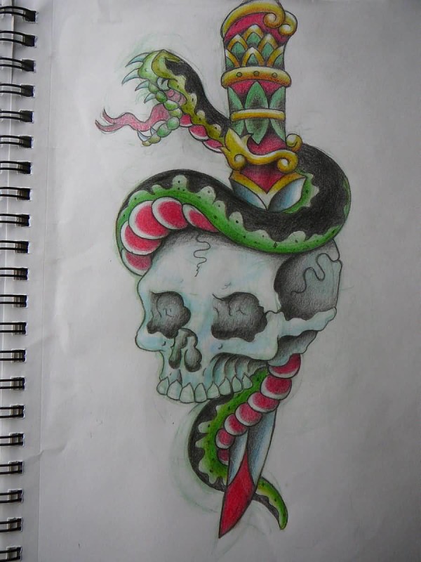 Colorful Dagger In Skull With Snake Tattoo Design By Oceansize
