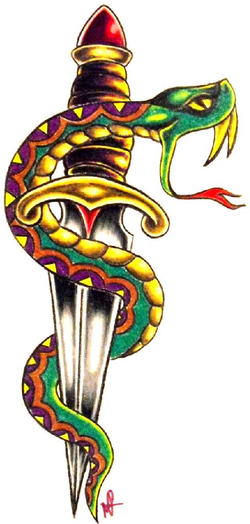 Colorful Dagger With Snake Tattoo Design