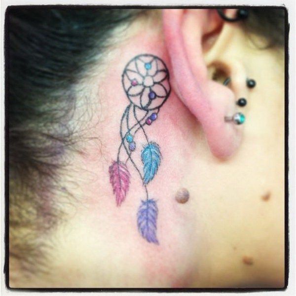 Colorful Dreamcatcher Tattoo Behind The Ear