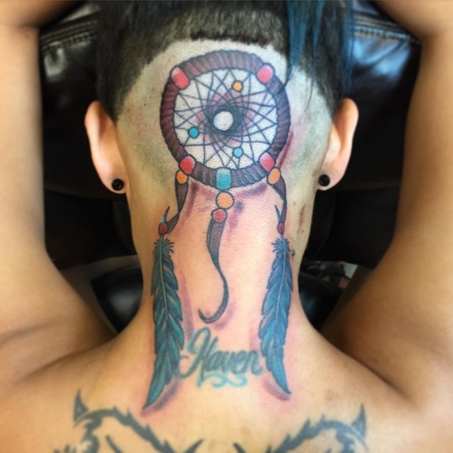 Colorful Dreamcatcher Tattoo On Back Head