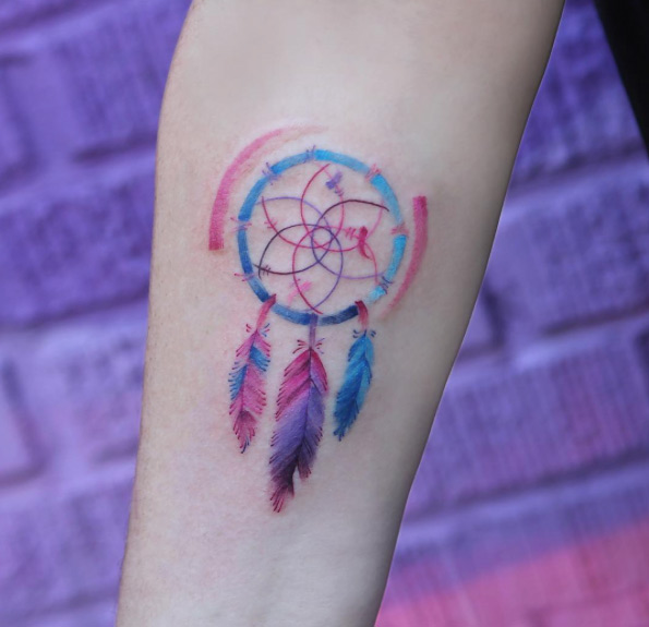 Colorful Dreamcatcher Tattoo On Forearm