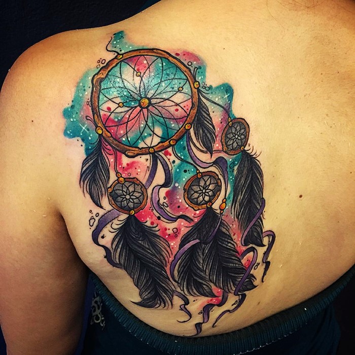 Colorful Dreamcatcher Tattoo On Girl Back Shoulder